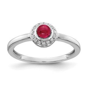 14k White Gold Diamond and Cabochon Red Ruby (July Birthstone) Ring (Size 7)